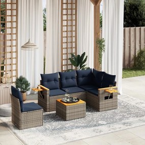 6 pcs conjunto sofás p/ jardim c/ almofadões vime PE cinzento