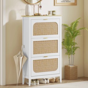 Sapateira com capacidade para 21 pares 80 x 24 x 131 cm, estilo boémio, com 3 gavetas rebatíveis, portas com efeito de vime, branco
