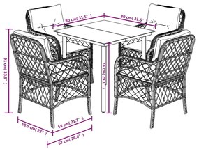 5 pcs conjunto de jantar p/ jardim c/ almofadões vime PE cinza