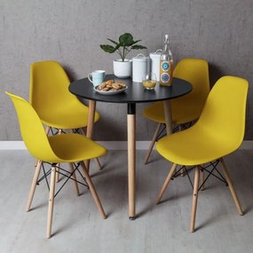 Conjunto Mesa Tower Redonda 80 cm Preta e Pack 4 Cadeiras Tower Basic - Amarelo