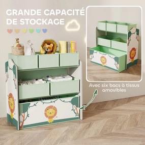 Móvel de arrumação infantil de 3 níveis 110 x 29,5 x 82  cm, estante para brinquedos com 6 caixas de tecido removíveis, verde
