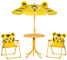 Outsunny Conjunto de Mobiliário de Jardim para Crianças 4 Pcs Tigre Mesa Redonda 2 Cadeiras Dobráveis Guarda Sol Metal Oxford Amarel | Aosom Portugal