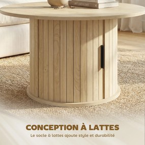 Mesa de centro redonda 80L x 80P x 50A cm, mesa de sala com espaço de arrumação, porta de correr com ripas, 2 prateleiras, efeito de madeira natural