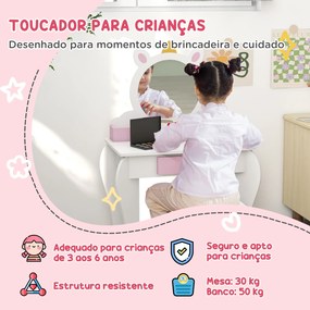 Toucador Infantil com Banco e Espelho Toucador de Maquilhagem com Gaveta Compartimentos Desenho de Unicórnio Branco