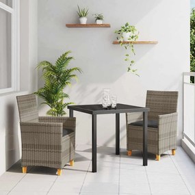 vidaXL Conjunto de jantar de jardim com 3 peças e almofadas cinzas em polirattan.