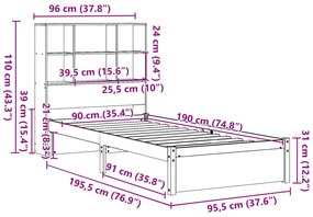 Cama com estante sem colchão 90x190 cm pinho maciço