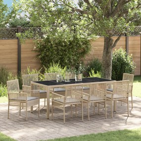 vidaXL Conjunto de Jantar para Jardim de 9 Peças com Almofadas Bege em Rattan Sintético