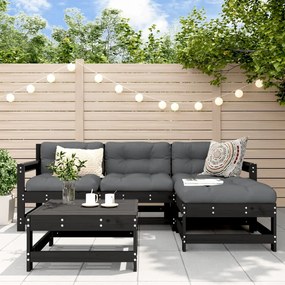 vidaXL 5pcs conjunto lounge jardim com almofadões madeira maciça preto