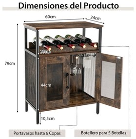 Garrafeira Aparador de cozinha industrial com estante para vinhos e suporte para copos 60 x 34 x 79 cm castanho rústico