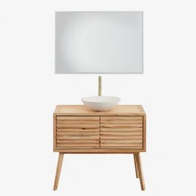 Conjunto De Móvel De Casa De Banho Em Madeira Deleyna Madeira Natural & Cimento Redondo Branco Ø40 Cm Zavion & Led Retangular - Sklum