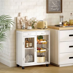 Carrinho de Cozinha, 67 x 35 x 80 cm, Tampo de Bambu, Branco