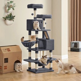Arranhador para gatos 55 x 45 x 168 cm com 2 cavernas cinza fumado
