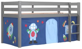 Conjunto Cama alta de Criança PINO 90 x 200 cm + estrado + escada + cortina Astronauta Cinzenta