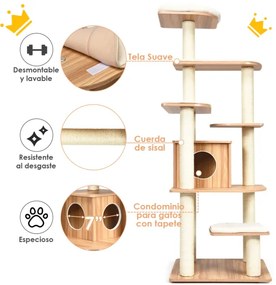 Árvore para gatos para escalar Árvore de atividade multinível de 176 cm com plataformas para arranhar colunas de corda de sisal