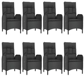 9 pcs conjunto de jantar p/ jardim c/ almofadões vime PE preto