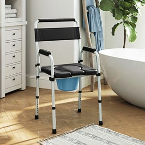 Cadeira sanitária dobrável, antiderrapante e com altura ajustável, assento e braços almofadados, capacidade de 150 kg, preta