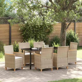 vidaXL Conjunto de jantar de jardim com 7 peças e almofadas bege em rattan plástico.