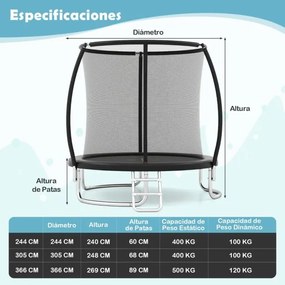 Trampolim exterior com escada Ø366 cm, para jardim com rede de segurança, cobertura de borda e estrutura metálica , preto.