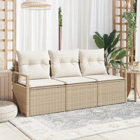 Conjunto de Sofá de Jardim vidaXL de 3 Peças com Almofadas Bege Rattan de Polietileno