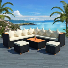 vidaXL 7 pcs conjunto lounge de jardim c/ almofadões vime PE preto
