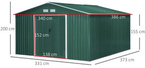 Abrigo de Jardim Metálico 340x386x200cm Abrigo de Exterior para Armazenamento de Ferramentas com Base Incluida 4 Janelas de Ventilação e Porta Correde