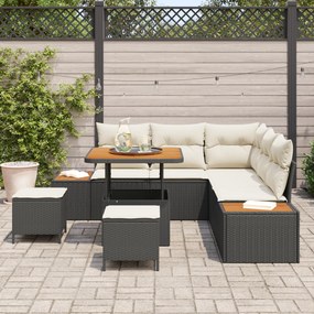 Conjunto de Sofá de Jardim Com 8 Peças e Almofadas Rattan Preto Acácia