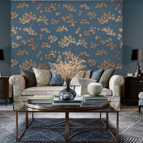 437401 DUTCH WALLCOVERINGS Papel de parede efeito pinheiros dourado e azul