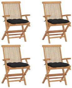 vidaXL Cadeiras de jardim c/ almofadões pretos 4 pcs teca maciça