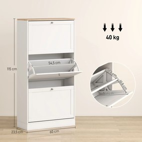 Móvel Sapateira de Entrada com 3 Gavetas Basculantes e Prateleiras Ajustáveis para 18 Pares de Sapatos 60x23,5x115 cm Branco