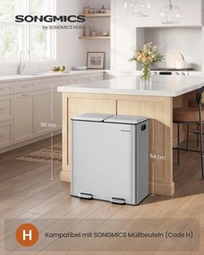 Caixote do lixo 58,5 x 37 x 64 cm com dois compartimentos 30 litros, pedal com fecho suave e baldes interiores prateado metálico