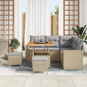 Conjunto de Sofá de Jardim com 8 Peças e Almofadas Beje de Vime Acácia