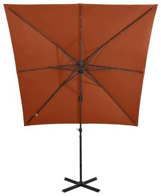 Guarda-sol jardim cantilever poste/luzes LED 250 cm terracotta