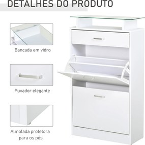 Móvel Sapateira de 2 Portas Sapateira Estreito para 12 Pares de Sapatos com Gaveta Prateleira Aberta e Bancada de Vidro para Corredor Entrada Carga Má