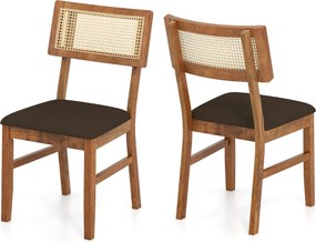 Conjunto de 2 cadeiras jantar estofadas com encosto em rattan tecido (MESA NÃO INCLUIDA), Estrutura em madeira de borracha Cor de nogueira e Castanho