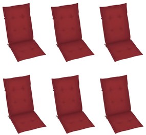 Cadeiras de jardim almofadões vermelho tinto 6 pcs teca maciça