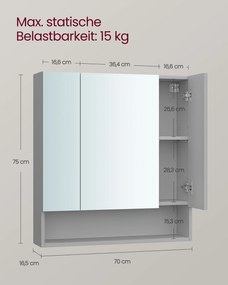Armário de casa de banho parede com 3 portas 16,5 x 70 x 75 cm Cinzento