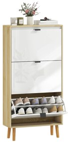 HOMCOM Sapateira Estreita com 3 Portas em Branco Brilhante Sapateira de Entrada com Prateleiras Ajustáveis e Pernas de Madeira para 18 Pares de Sapatos 60x24x127 cm Branco
