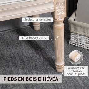 Banco de cama estofado, estilo vintage francês 117 C x 40 P x 48 A cm, com revestimento em tecido com aspeto de linho e pés em madeira maciça de cor c