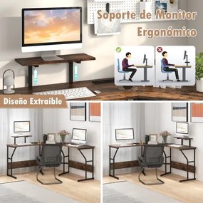 Secretária em forma de L com tomada eléctrica, portas USB e suporte móvel para monitor 225 cm Estação de trabalho para 2 pessoas Castanha