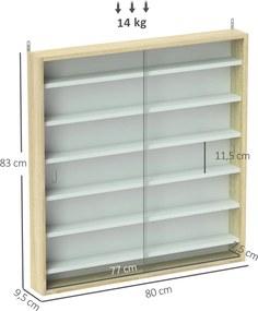 Vitrine para coleção, vitrine de parede, 80 x 9,5 x 83 cm, 6 prateleiras com altura ajustável, 2 portas de correr em vidro branco, e cor carvalho