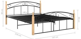 Estrutura de cama 140x200cm metal/madeira carvalho maciça preto