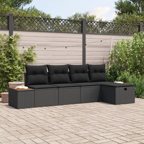 vidaXL Conjunto de Sofá de Jardim de 5 Peças com Almofadas Preto Rattan Poliéster