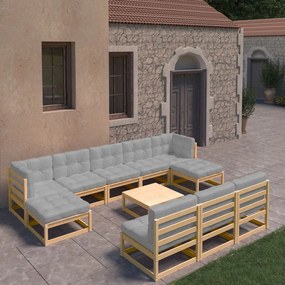 vidaXL 11 pcs conjunto lounge de jardim c/ almofadões pinho maciço