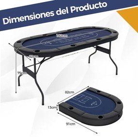 Mesa de póquer dobrável de 182 cm para 8 jogadores oval portátil para jogos com porta-copos e grades acolchoadas para casa Azul