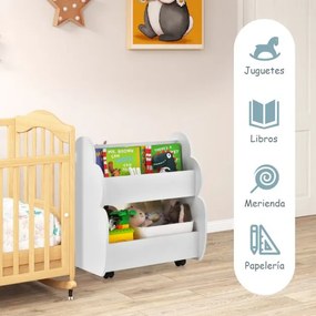 Estante infantil de 2 níveis com rodas para crianças com espaço de arrumação 52 cm x 47 cm x 63 cm branca