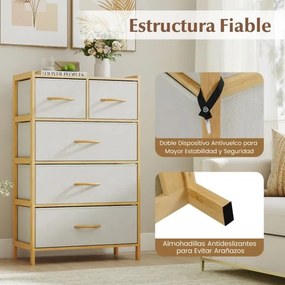 Comoda com 5 gavetas 58 x 30 x 94 cm para quarto em bambu com 5 gavetas dobráveis em tecido e prateleira superior natural