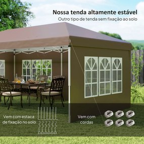 Tenda Dobrável 6x3 m Pop-up com 4 Laterais Removíveis Toldo de Jardim com 4 Janelas e Bolsa de Transporte Castanho