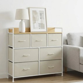 Cómoda de 7 gavetas 28,6 x 98,1 x 85,1 cm, frentes das gavetas em tecido com puxadores  creme-bege