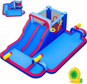 Parque aquático insuflável com escorrega duplo 646 x 418 x 211 cm, piscina, zona de salpicos, zona de saltos, parede de escalada, cesto de basquetebol
