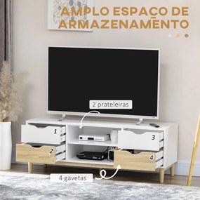 Móvel de TV Móvel para Televisores de até 55" com Prateleiras de Armazenamento e 4 Gavetas para Sala de Estar 120x40x44,5cm Branco e Carvalho